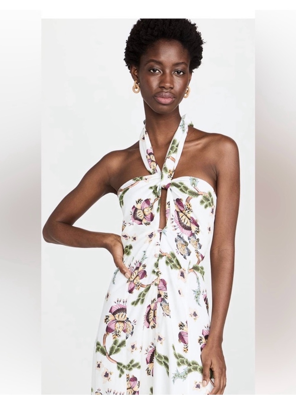Agua Bendita White Maxi Dress with Green Leaf & Floral Accents Gorgeous Print